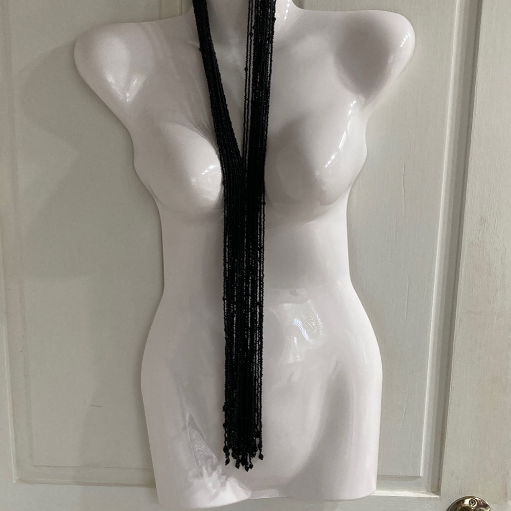 Vintage seed and glassLong Black Beaded Fringe Necklace